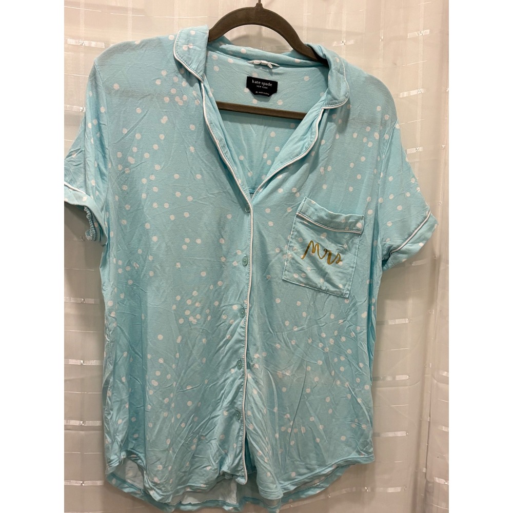 Kate Spade New York Blue Polka Dot Mrs Pajama Top Short Sleeve Button Down M